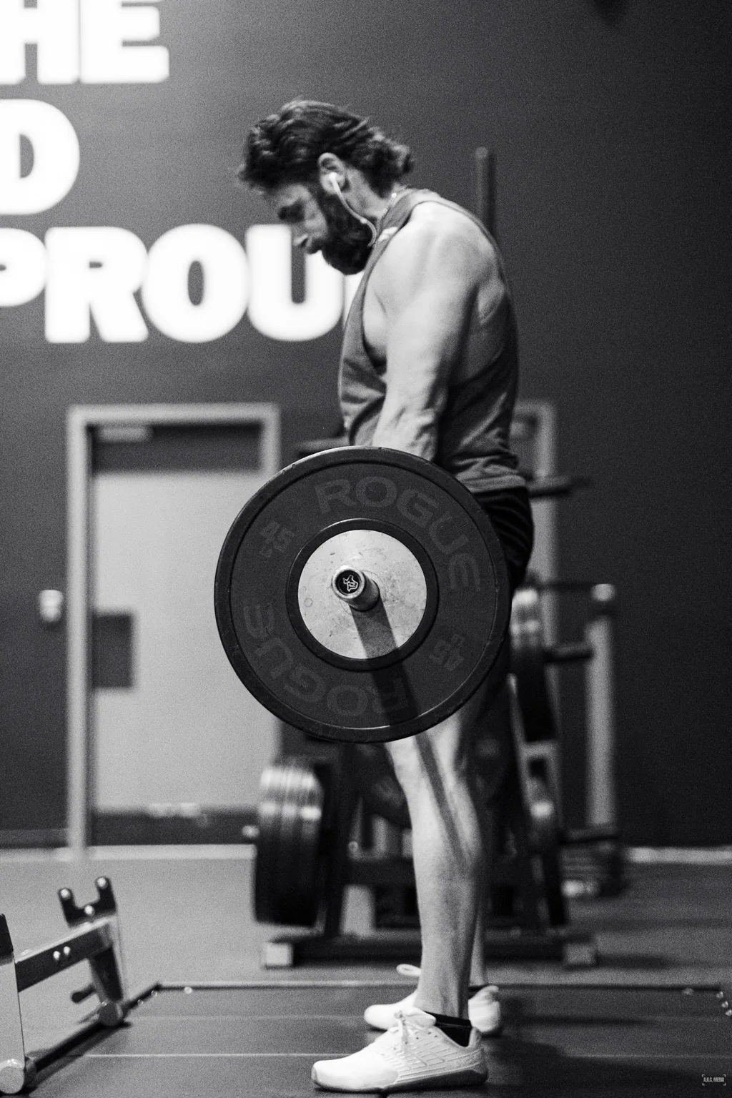 Black-and-white strength-training detail.