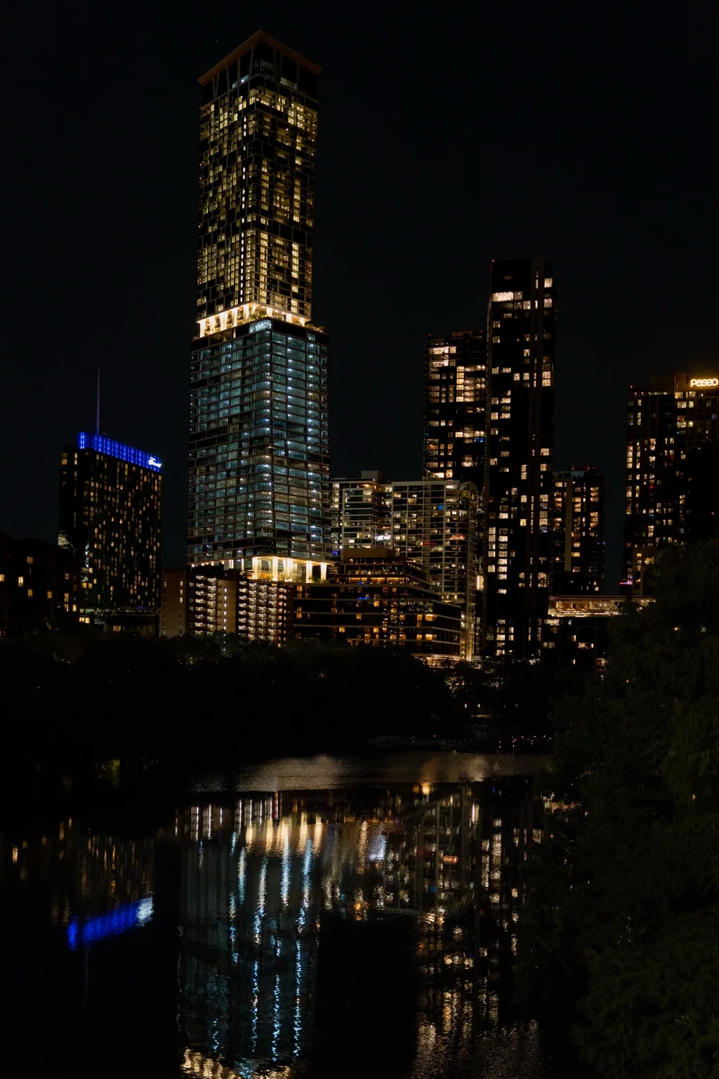 Night skyline and reflections.